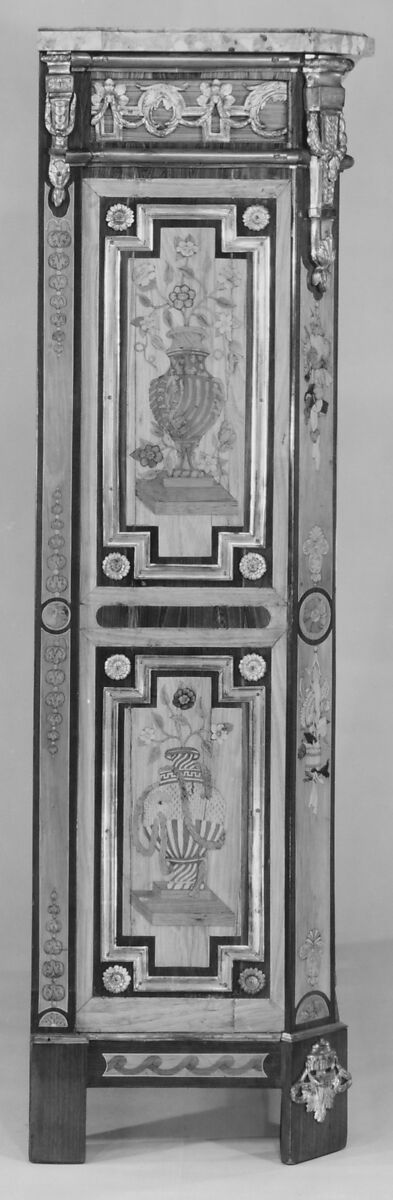 Upright secretary, Pierre I Roussel (1723–1782), Oak, pine, king-wood, satin-wood, holly, stained woods, satiné, purple-wood, tulipwood, sycamore, gilt bronze, marble, French, Paris