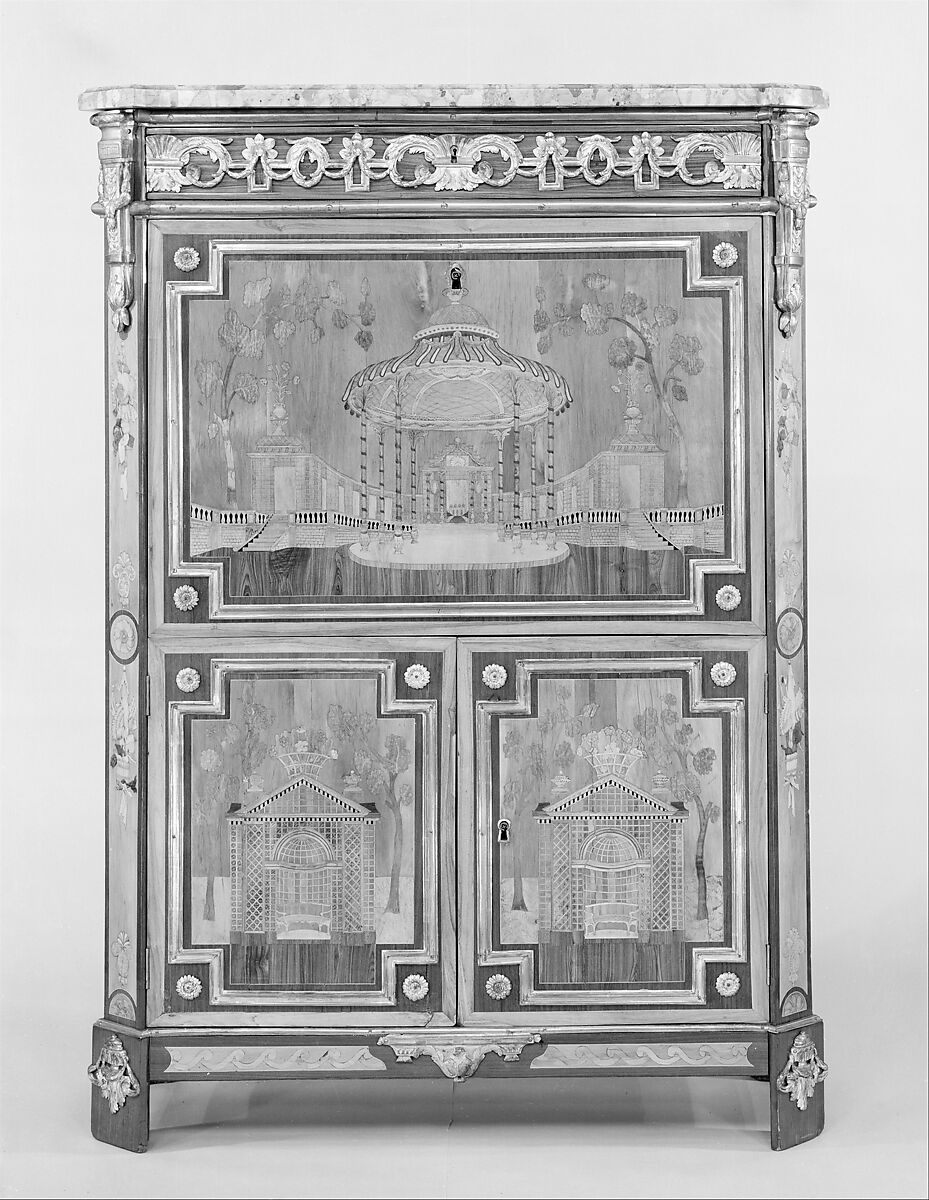 Upright secretary, Pierre I Roussel (1723–1782), Oak, pine, king-wood, satin-wood, holly, stained woods, satiné, purple-wood, tulipwood, sycamore, gilt bronze, marble, French, Paris