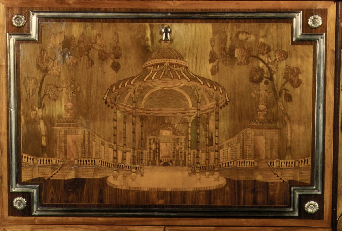 Upright secretary, Pierre I Roussel (1723–1782), Oak, pine, king-wood, satin-wood, holly, stained woods, satiné, purple-wood, tulipwood, sycamore, gilt bronze, marble, French, Paris