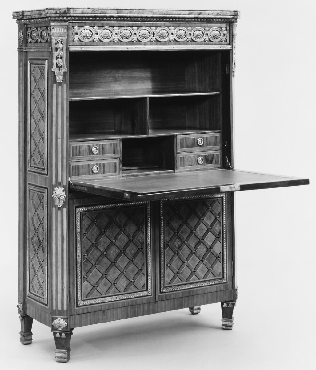 Upright secretary, Guillaume Kemp (active 1757–86, master 1764), Oak, pine, tulipwood, purple-wood, satiné, green-stained sycamore, satin-wood, holly, black-stained wood, marble, gilt bronze, French, Paris