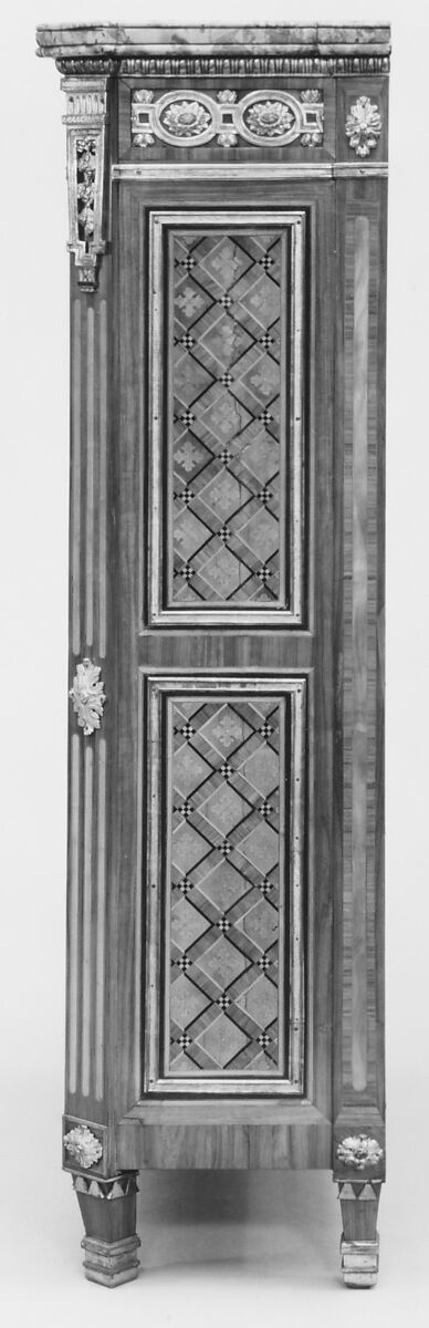 Upright secretary, Guillaume Kemp (active 1757–86, master 1764), Oak, pine, tulipwood, purple-wood, satiné, green-stained sycamore, satin-wood, holly, black-stained wood, marble, gilt bronze, French, Paris