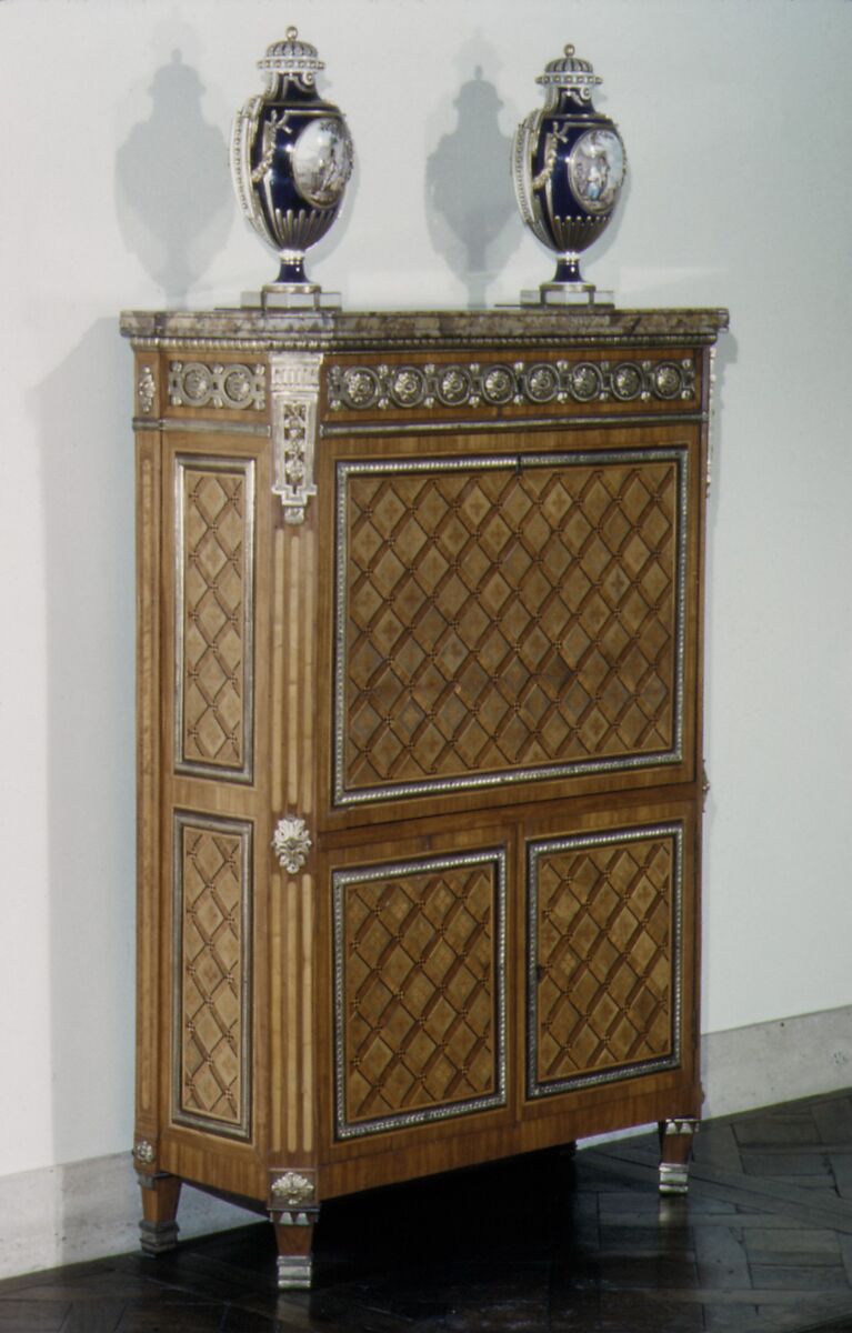 Upright secretary, Guillaume Kemp (active 1757–86, master 1764), Oak, pine, tulipwood, purple-wood, satiné, green-stained sycamore, satin-wood, holly, black-stained wood, marble, gilt bronze, French, Paris 