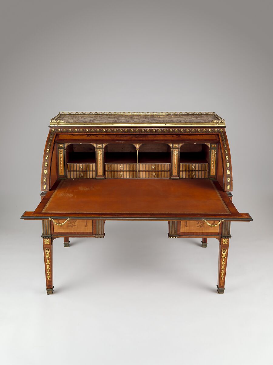 Rolltop desk, David Roentgen (German, Herrnhaag 1743–1807 Wiesbaden, master 1780), Oak, pine, walnut, cherry, tulipwood, and mahogany (later drawers), veneered with maple hornbeam (both partially stained), tulipwood, burl wood (stained), mahogany, holly, walnut, and other woods; gilt bronze, brass, steel, and iron; marble; partially tooled and gilded leather, German, Neuwied am Rhein