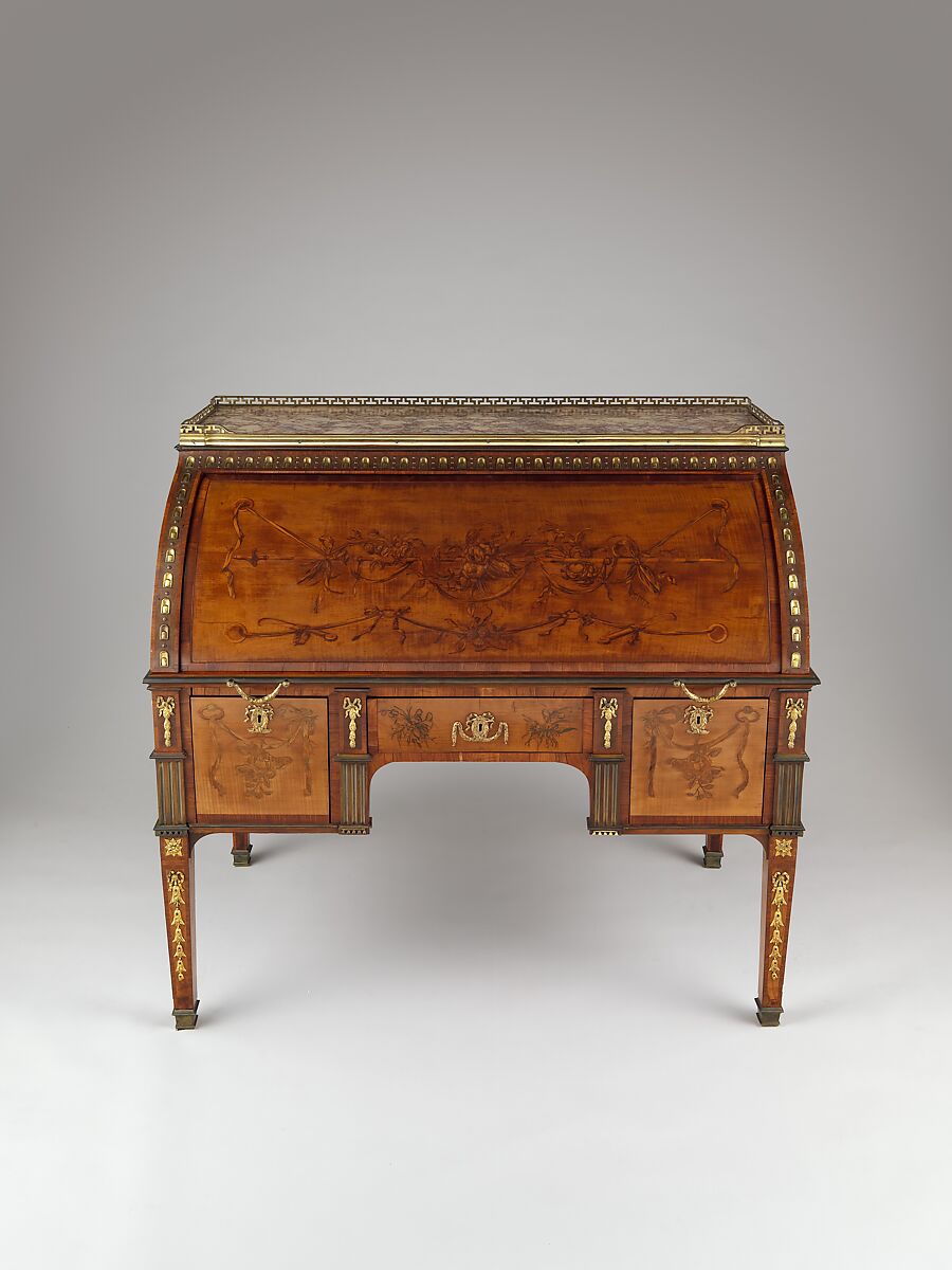Rolltop desk, David Roentgen (German, Herrnhaag 1743–1807 Wiesbaden, master 1780), Oak, pine, walnut, cherry, tulipwood, and mahogany (later drawers), veneered with maple hornbeam (both partially stained), tulipwood, burl wood (stained), mahogany, holly, walnut, and other woods; gilt bronze, brass, steel, and iron; marble; partially tooled and gilded leather, German, Neuwied am Rhein