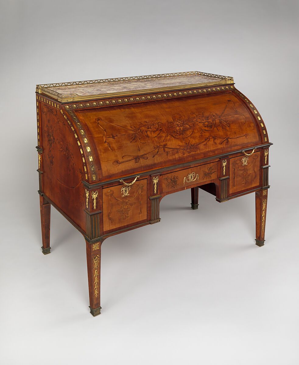 Rolltop desk, David Roentgen  German, Oak, pine, walnut, cherry, tulipwood, and mahogany (later drawers), veneered with maple hornbeam (both partially stained), tulipwood, burl wood (stained), mahogany, holly, walnut, and other woods; gilt bronze, brass, steel, and iron; marble; partially tooled and gilded leather, German, Neuwied am Rhein