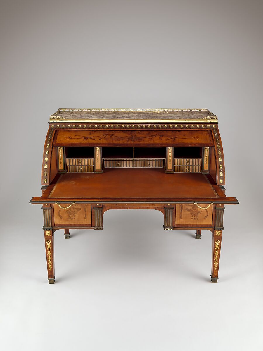 Rolltop desk, David Roentgen (German, Herrnhaag 1743–1807 Wiesbaden, master 1780), Oak, pine, walnut, cherry, tulipwood, and mahogany (later drawers), veneered with maple hornbeam (both partially stained), tulipwood, burl wood (stained), mahogany, holly, walnut, and other woods; gilt bronze, brass, steel, and iron; marble; partially tooled and gilded leather, German, Neuwied am Rhein