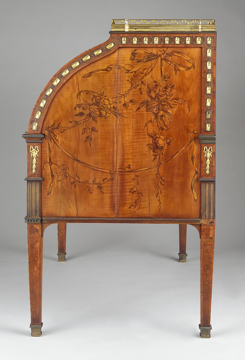 Rolltop desk, David Roentgen (German, Herrnhaag 1743–1807 Wiesbaden, master 1780), Oak, pine, walnut, cherry, tulipwood, and mahogany (later drawers), veneered with maple hornbeam (both partially stained), tulipwood, burl wood (stained), mahogany, holly, walnut, and other woods; gilt bronze, brass, steel, and iron; marble; partially tooled and gilded leather, German, Neuwied am Rhein