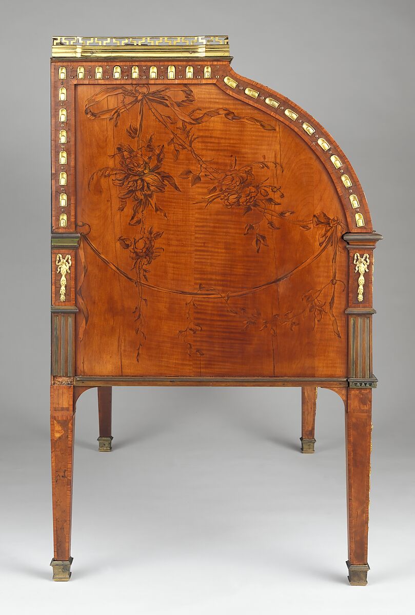 Rolltop desk, David Roentgen (German, Herrnhaag 1743–1807 Wiesbaden, master 1780), Oak, pine, walnut, cherry, tulipwood, and mahogany (later drawers), veneered with maple hornbeam (both partially stained), tulipwood, burl wood (stained), mahogany, holly, walnut, and other woods; gilt bronze, brass, steel, and iron; marble; partially tooled and gilded leather, German, Neuwied am Rhein