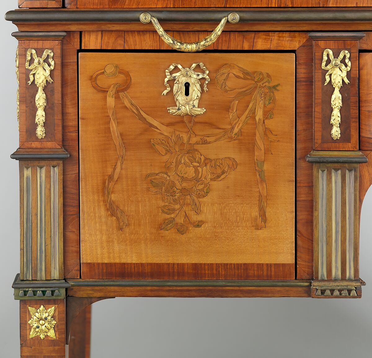 Rolltop desk, David Roentgen (German, Herrnhaag 1743–1807 Wiesbaden, master 1780), Oak, pine, walnut, cherry, tulipwood, and mahogany (later drawers), veneered with maple hornbeam (both partially stained), tulipwood, burl wood (stained), mahogany, holly, walnut, and other woods; gilt bronze, brass, steel, and iron; marble; partially tooled and gilded leather, German, Neuwied am Rhein