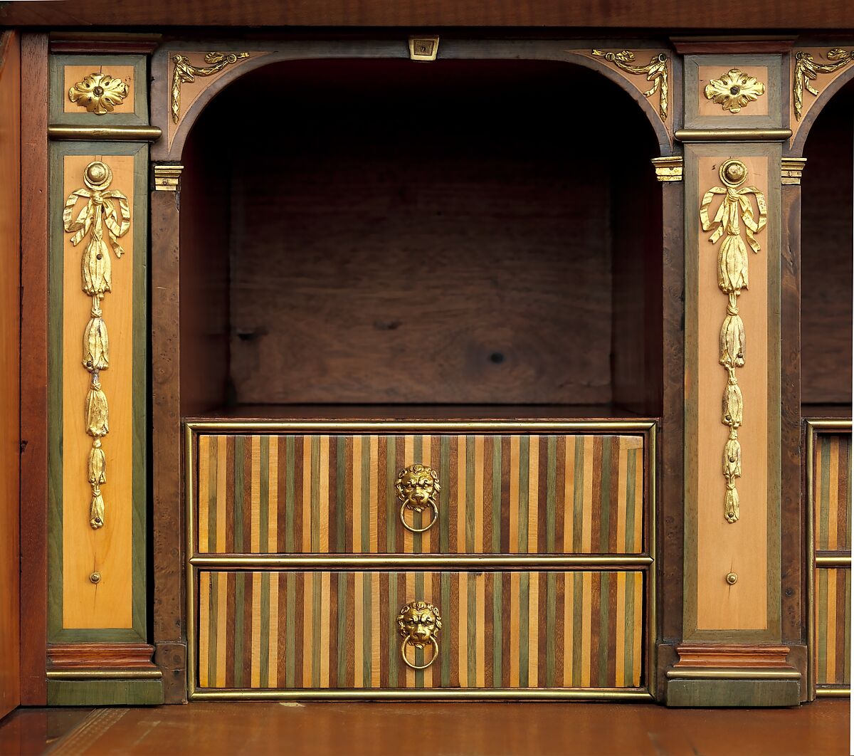 Rolltop desk, David Roentgen (German, Herrnhaag 1743–1807 Wiesbaden, master 1780), Oak, pine, walnut, cherry, tulipwood, and mahogany (later drawers), veneered with maple hornbeam (both partially stained), tulipwood, burl wood (stained), mahogany, holly, walnut, and other woods; gilt bronze, brass, steel, and iron; marble; partially tooled and gilded leather, German, Neuwied am Rhein