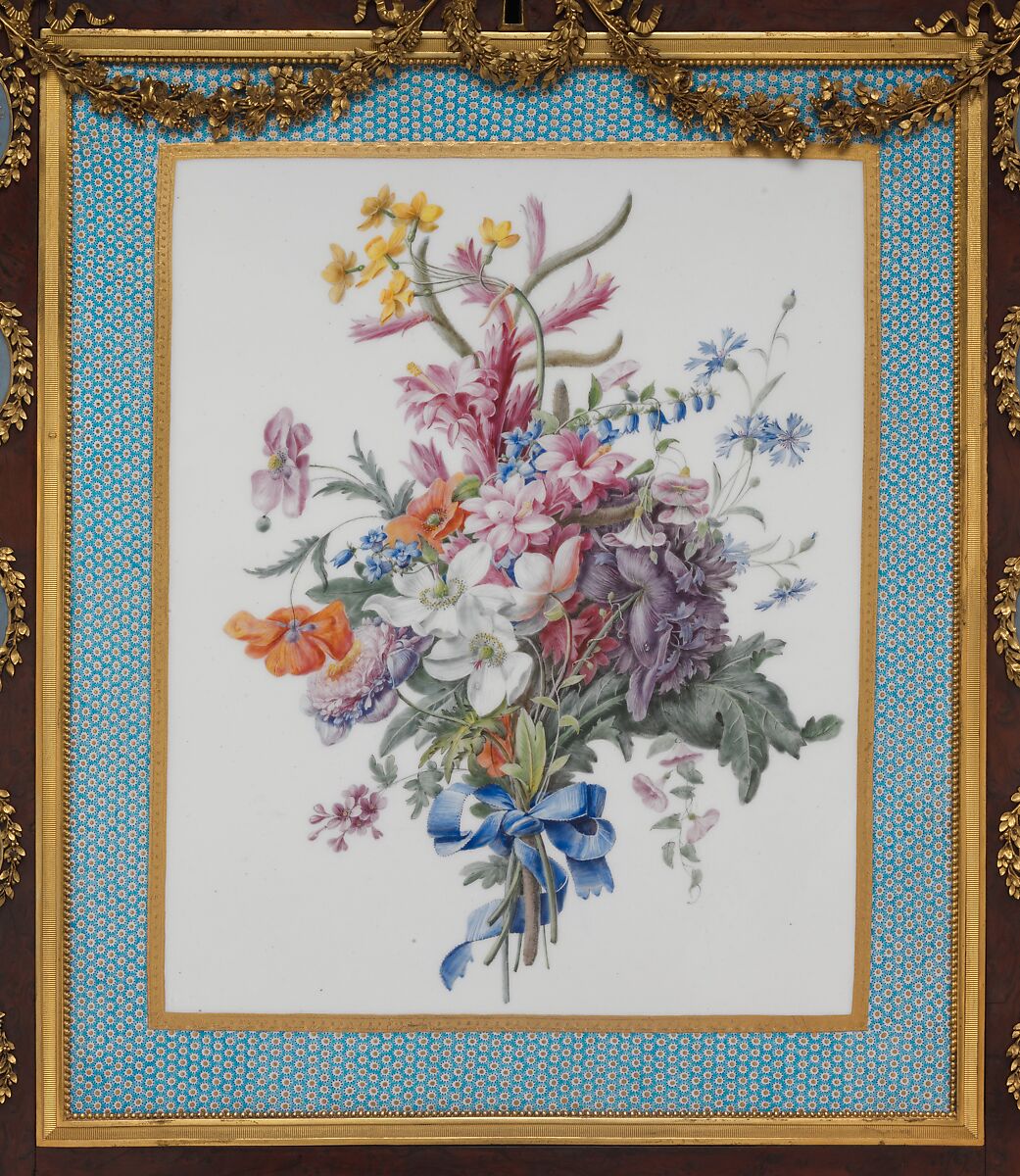 Drop-front desk (secrétaire à abattant or secrétaire en cabinet), Attributed to Adam Weisweiler (French, 1744–1820), Oak veneered with burl thuya, amaranth, mahogany, satinwood, holly, and ebonized holly; painted metal; one soft-paste porcelain plaque; fifteen jasper medallions; gilt-bronze mounts; marble; leather (not original), French, Paris and Sèvres