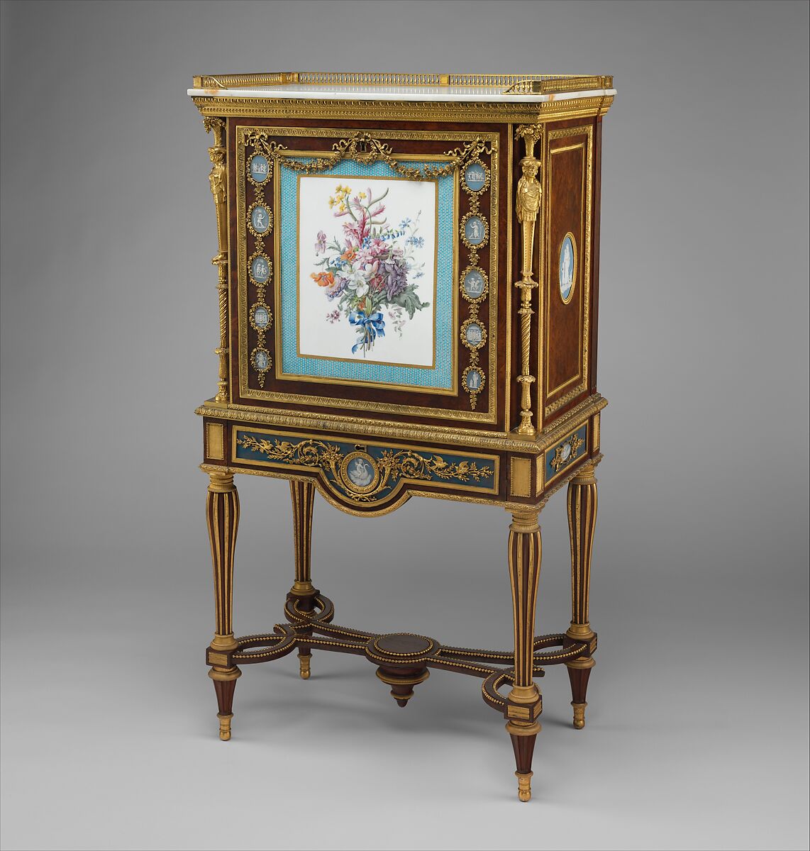 Drop-front desk (secrétaire à abattant or secrétaire en cabinet), Attributed to Adam Weisweiler (French, 1744–1820), Oak veneered with burl thuya, amaranth, mahogany, satinwood, holly, and ebonized holly; painted metal; one soft-paste porcelain plaque; fifteen jasper medallions; gilt-bronze mounts; marble; leather (not original), French, Paris and Sèvres 