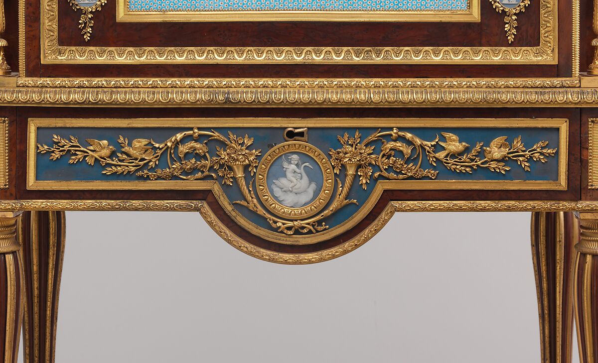 Drop-front desk (secrétaire à abattant or secrétaire en cabinet), Attributed to Adam Weisweiler (French, 1744–1820), Oak veneered with burl thuya, amaranth, mahogany, satinwood, holly, and ebonized holly; painted metal; one soft-paste porcelain plaque; fifteen jasper medallions; gilt-bronze mounts; marble; leather (not original), French, Paris and Sèvres
