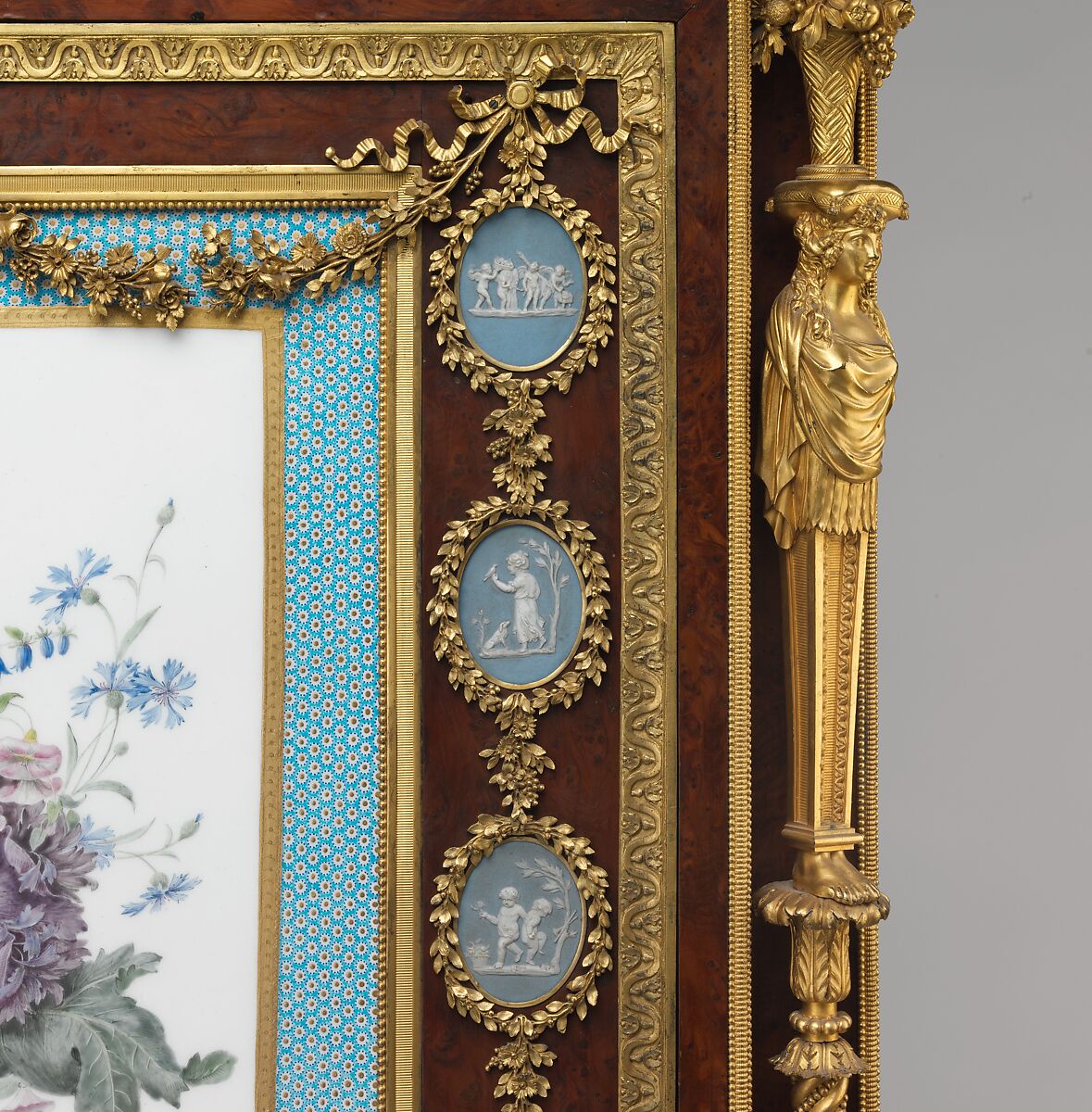 Drop-front desk (secrétaire à abattant or secrétaire en cabinet), Attributed to Adam Weisweiler (French, 1744–1820), Oak veneered with burl thuya, amaranth, mahogany, satinwood, holly, and ebonized holly; painted metal; one soft-paste porcelain plaque; fifteen jasper medallions; gilt-bronze mounts; marble; leather (not original), French, Paris and Sèvres