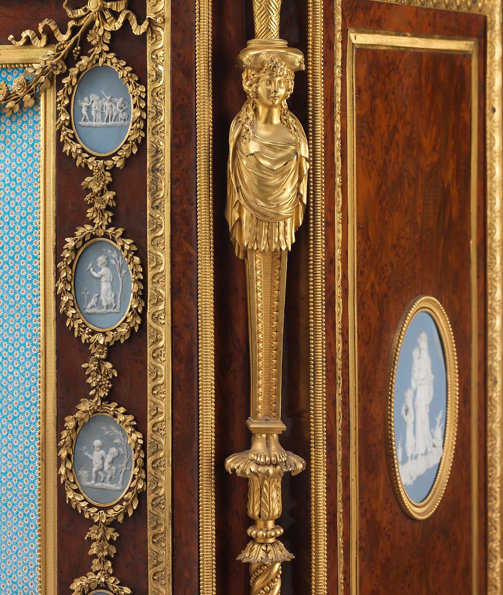 Drop-front desk (secrétaire à abattant or secrétaire en cabinet), Attributed to Adam Weisweiler (French, 1744–1820), Oak veneered with burl thuya, amaranth, mahogany, satinwood, holly, and ebonized holly; painted metal; one soft-paste porcelain plaque; fifteen jasper medallions; gilt-bronze mounts; marble; leather (not original), French, Paris and Sèvres