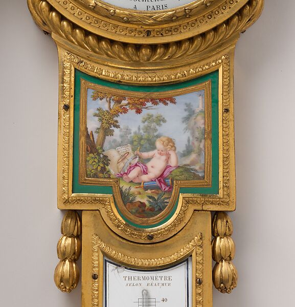 Barometer-thermometer (baromètre et thermomètre), Claude-Siméon Passemant (1702–1769), Oak, gilt-bronze, glass, enamel, and soft-paste porcelain, French