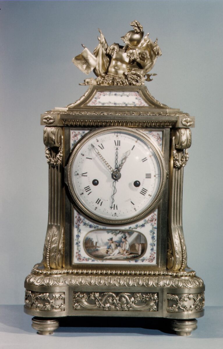 Clock, Porcelain plaques by Sèvres Manufactory (French, 1740–present), Gilt bronze, porcelain, enamel, brass, steel, French 