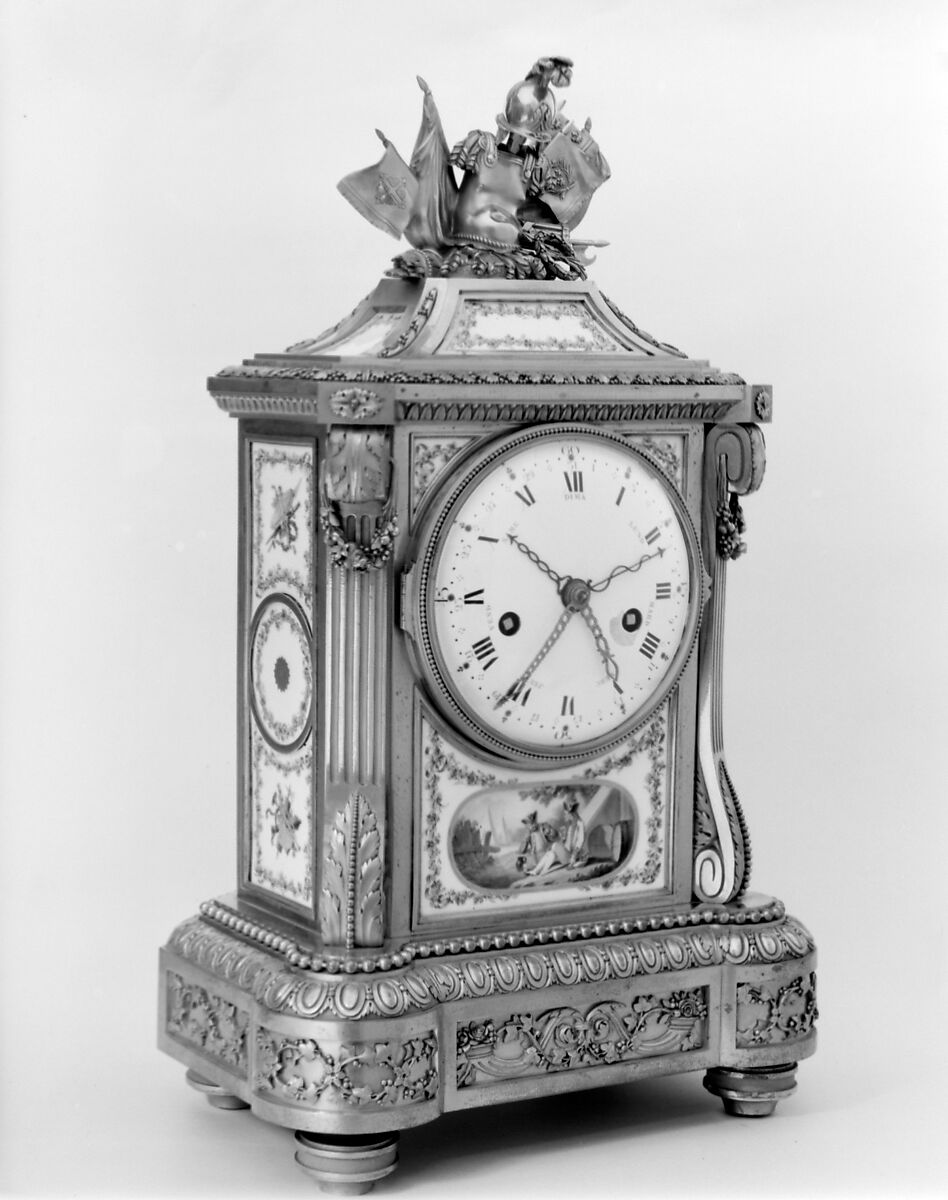 Clock, Porcelain plaques by Sèvres Manufactory (French, 1740–present), Gilt bronze, porcelain, enamel, brass, steel, French