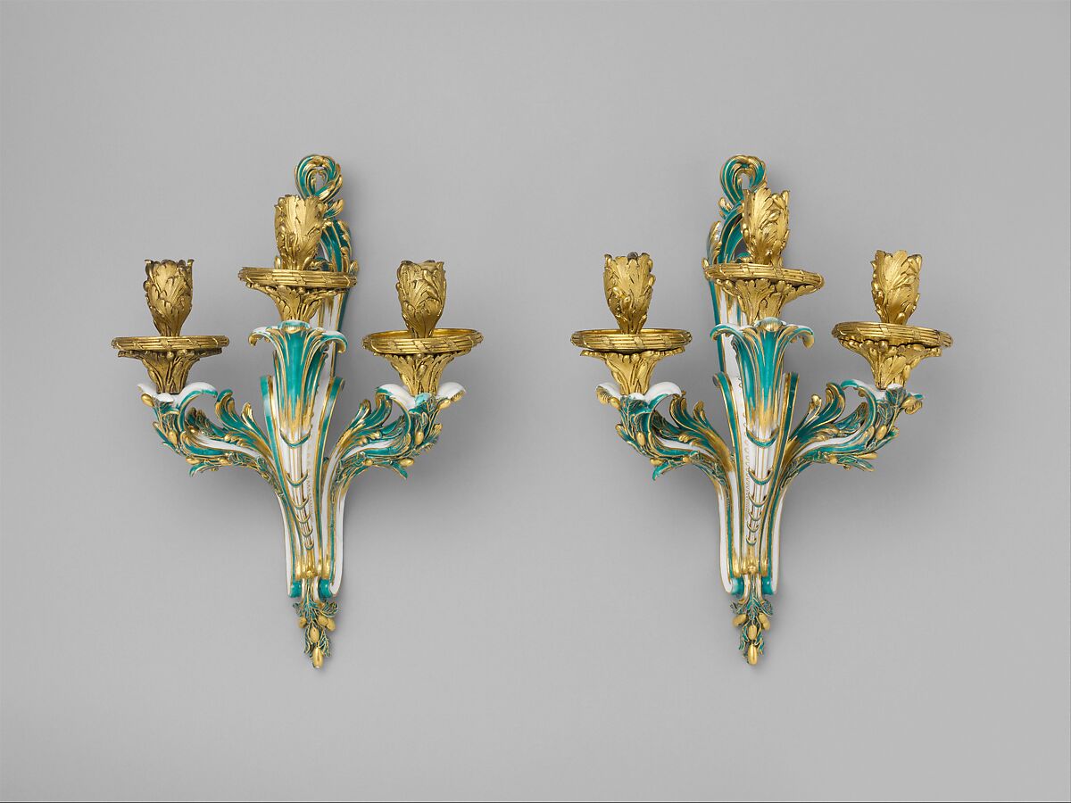 Wall sconce (bras de cheminée) (one of a pair), Sèvres Manufactory (French, 1740–present), Soft-paste porcelain, gilt bronze, French, Sèvres