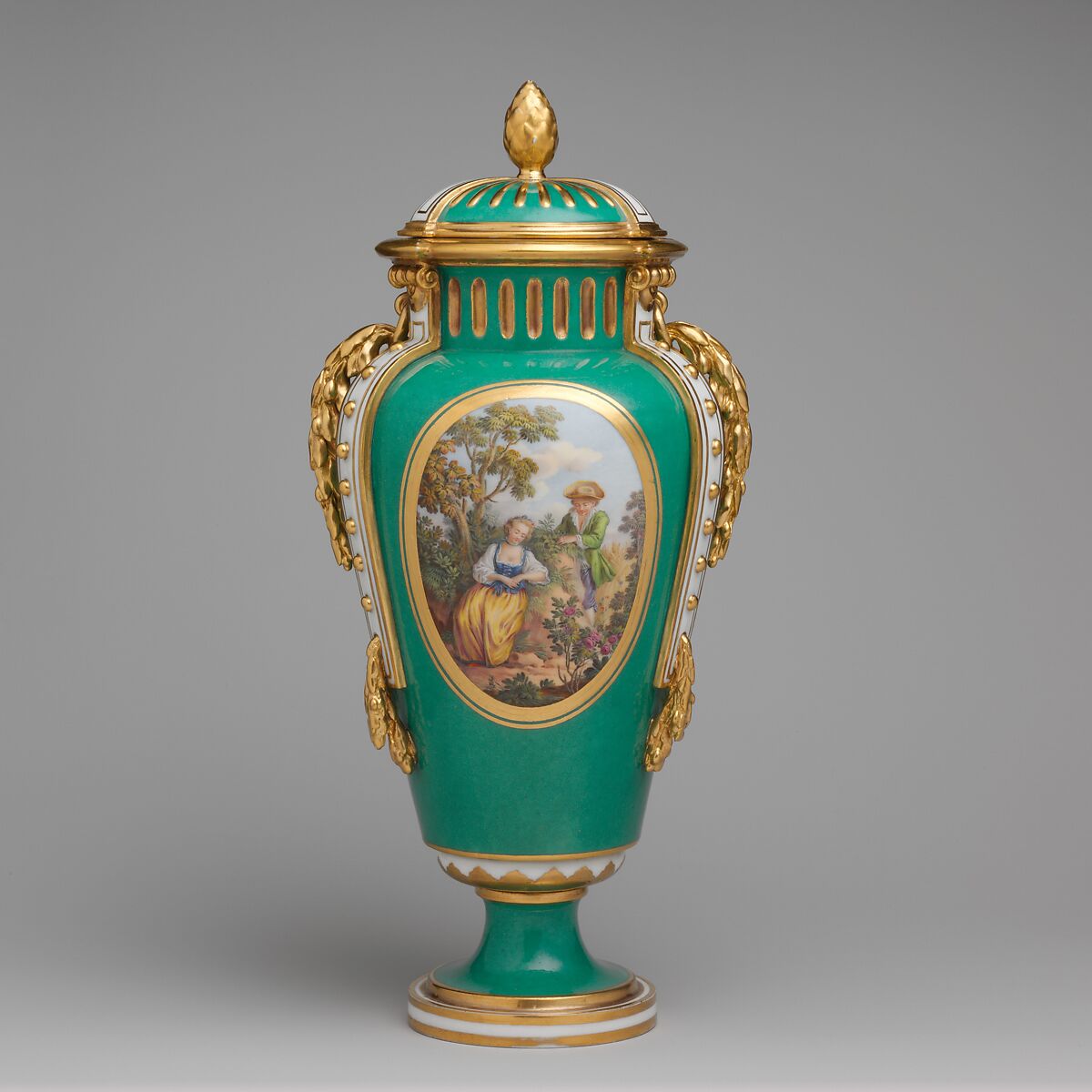 Vase with cover (vase à bandes) (one of a pair), Sèvres Manufactory (French, 1740–present), Soft-paste porcelain, French, Sèvres 