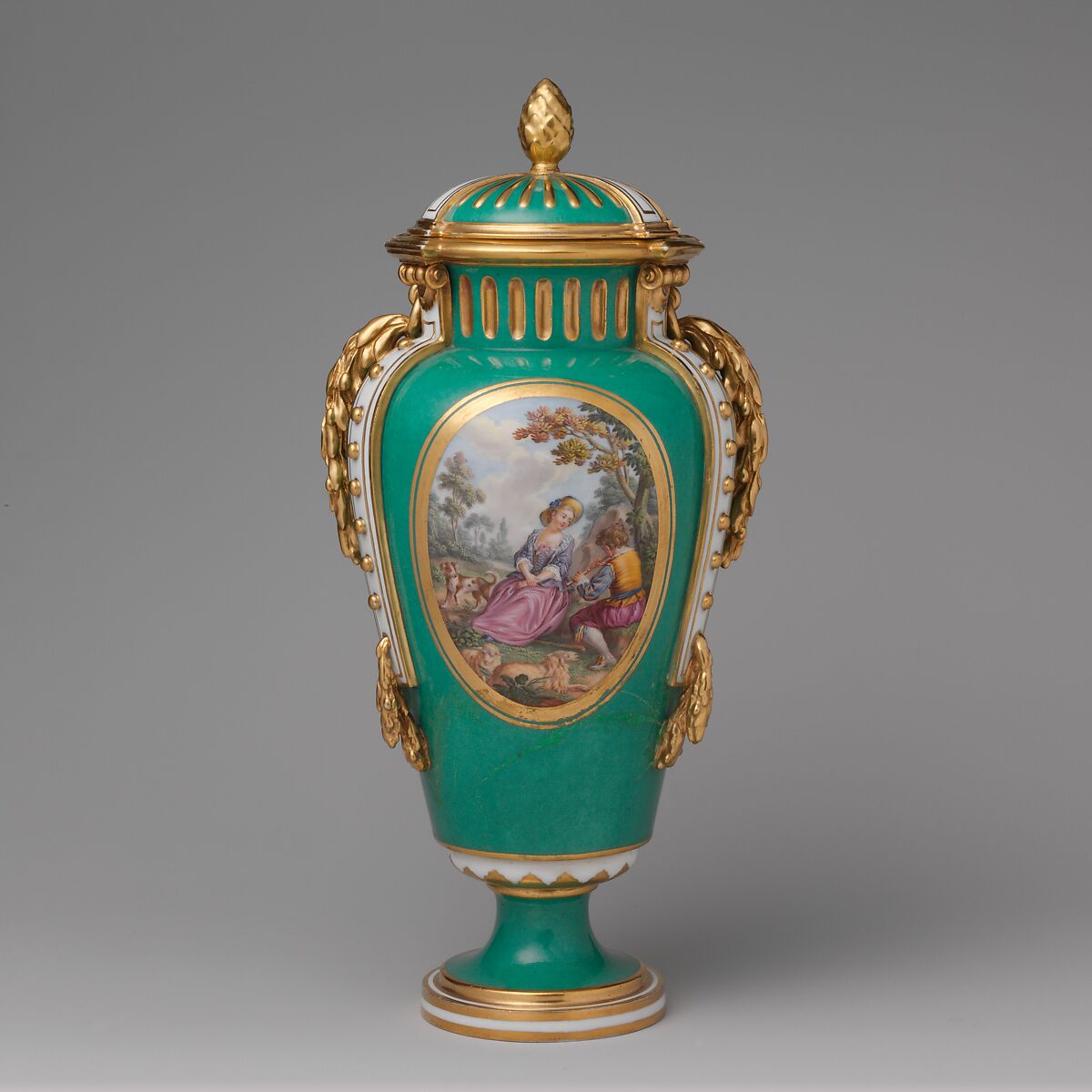 Vase with cover (vase à bandes) (one of a pair), Sèvres Manufactory (French, 1740–present), Soft-paste porcelain, French, Sèvres 