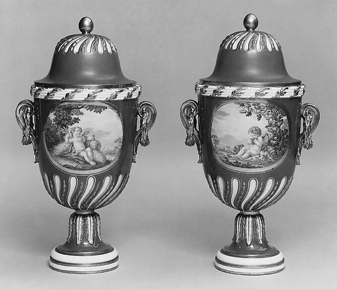 Vase with cover (vase feuille de laurier) (one of a pair), Sèvres Manufactory (French, 1740–present), Soft-paste porcelain, French, Sèvres 