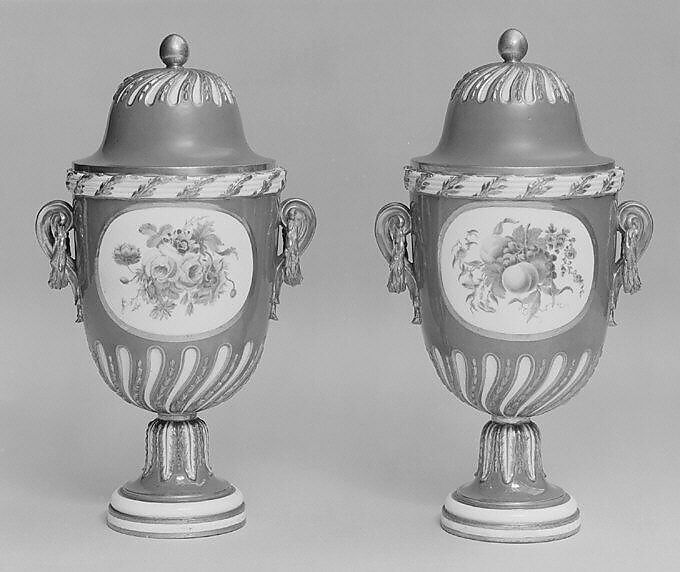 Vase with cover (vase feuille de laurier) (one of a pair), Sèvres Manufactory (French, 1740–present), Soft-paste porcelain, French, Sèvres