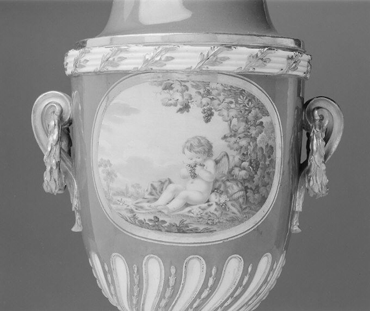 Vase with cover (vase feuille de laurier) (one of a pair), Sèvres Manufactory (French, 1740–present), Soft-paste porcelain, French, Sèvres