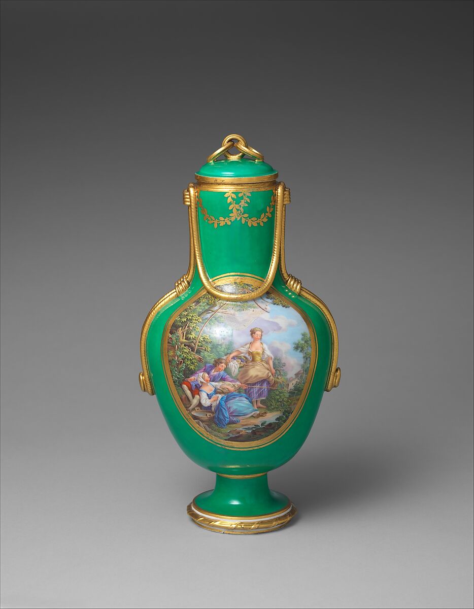 Vase with cover (vase à flacon) (one of a pair), Sèvres Manufactory (French, 1740–present), Soft-paste porcelain, French, Sèvres 