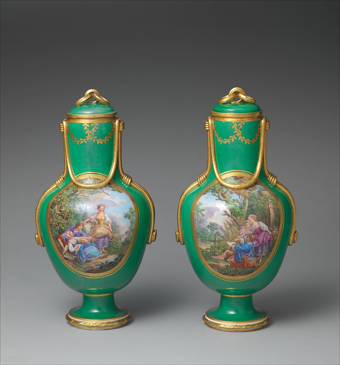 Vase with cover (vase à flacon) (one of a pair), Sèvres Manufactory (French, 1740–present), Soft-paste porcelain, French, Sèvres