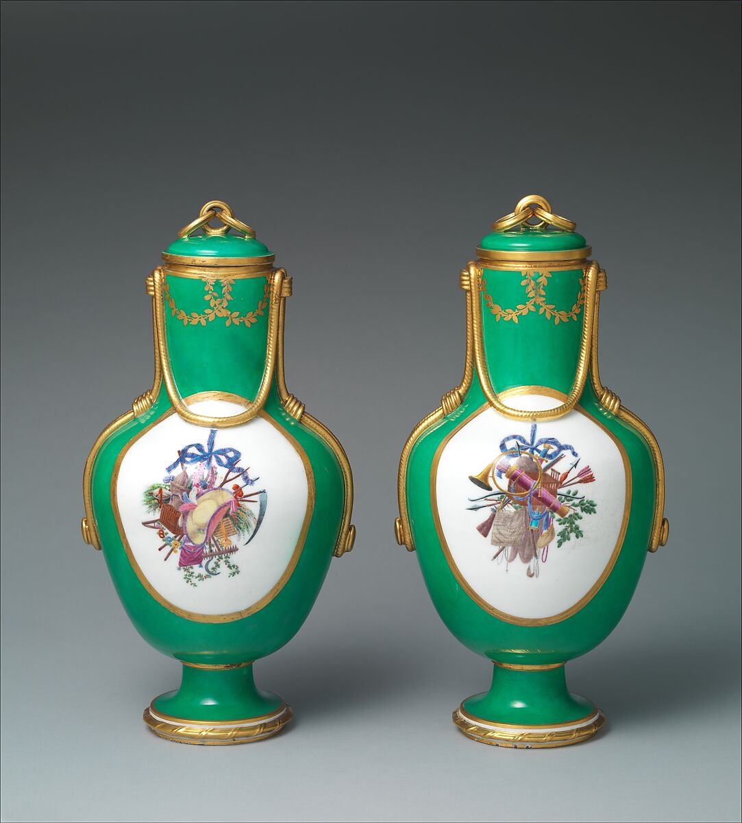 Vase with cover (vase à flacon) (one of a pair), Sèvres Manufactory (French, 1740–present), Soft-paste porcelain, French, Sèvres