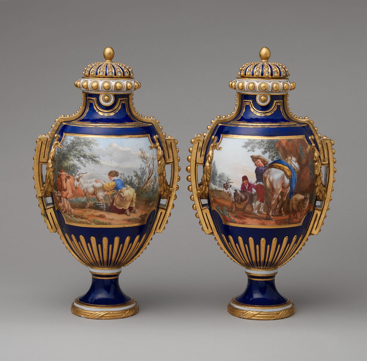 Vase with cover (vase à panneaux or à perles) (one of a pair), Sèvres Manufactory (French, 1740–present), Soft-paste porcelain, French, Sèvres 
