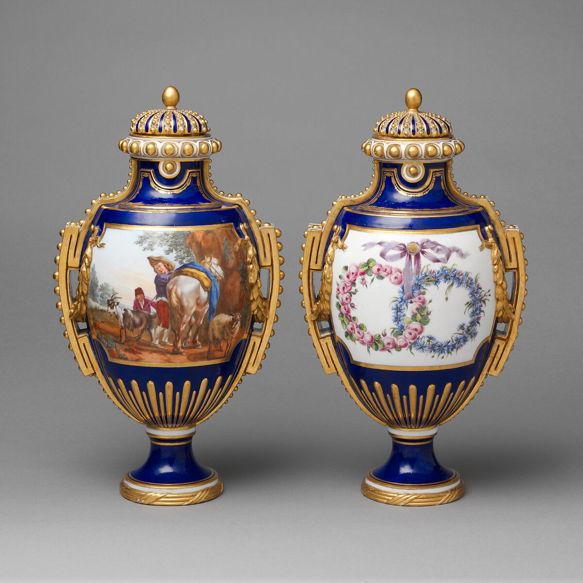 Vase with cover (vase à panneaux or à perles) (one of a pair), Sèvres Manufactory (French, 1740–present), Soft-paste porcelain, French, Sèvres