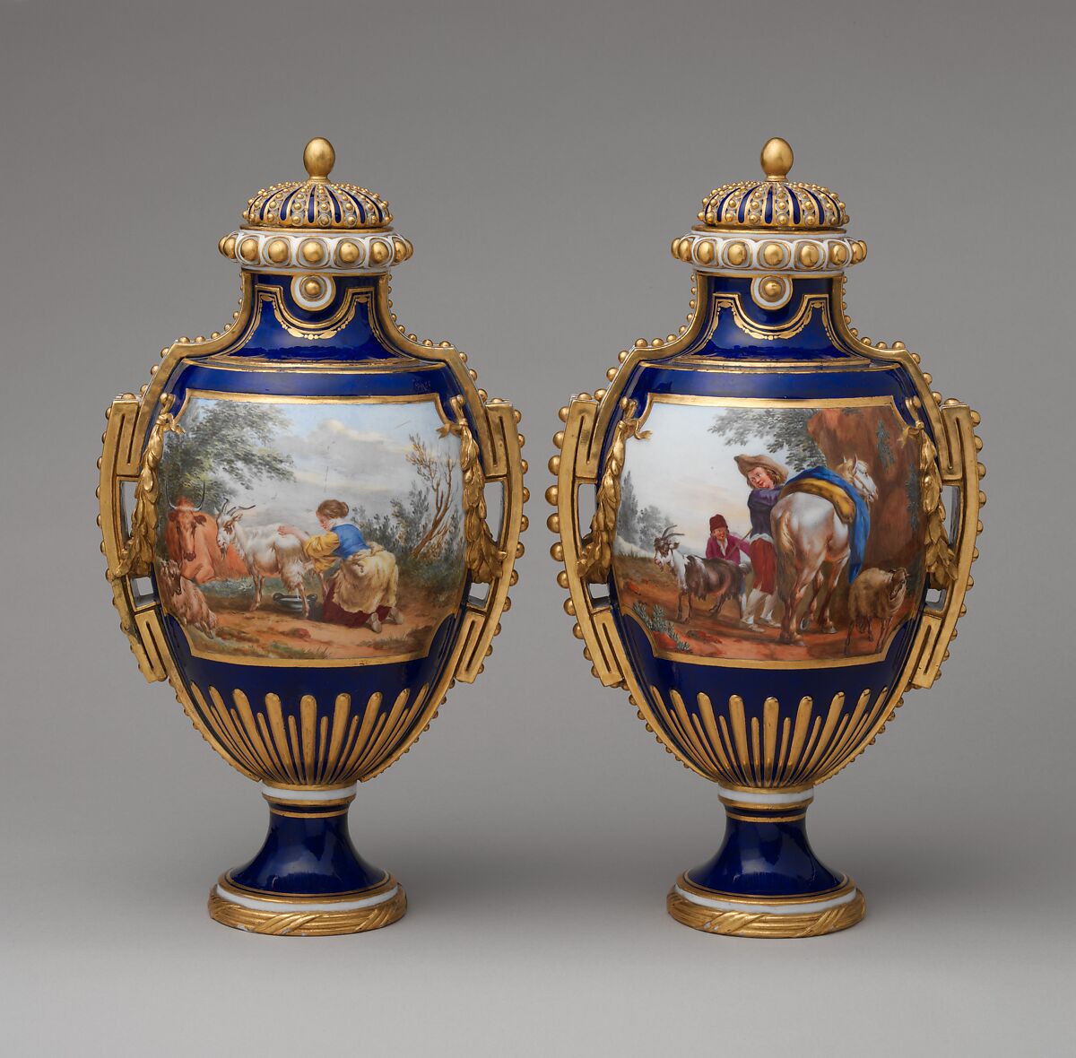 Vase with cover (vase à panneaux or à perles) (one of a pair), Sèvres Manufactory (French, 1740–present), Soft-paste porcelain, French, Sèvres