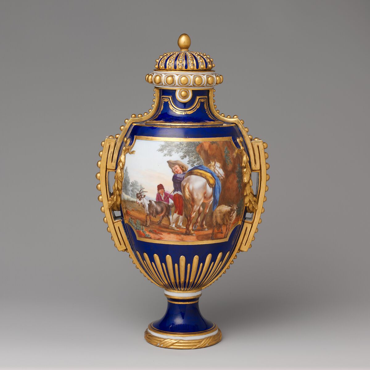 Vase with cover (vase à panneaux or à perles) (one of a pair), Sèvres Manufactory (French, 1740–present), Soft-paste porcelain, French, Sèvres 