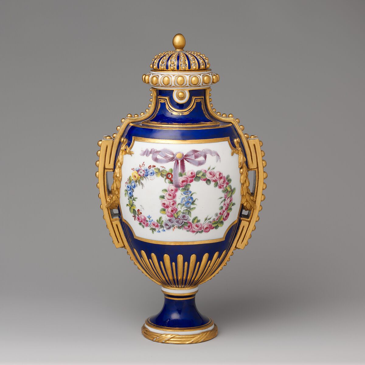 Vase with cover (vase à panneaux or à perles) (one of a pair), Sèvres Manufactory (French, 1740–present), Soft-paste porcelain, French, Sèvres