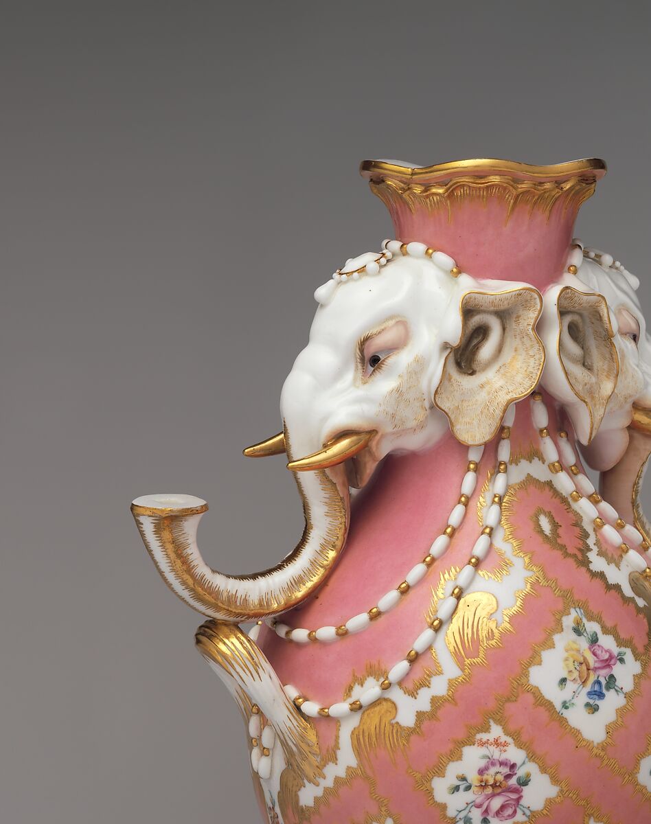 Vase (vase à tête d'éléphant) (one of a pair), Jean-Claude Duplessis (French, ca. 1695–1774, active 1748–74), Soft-paste porcelain decorated in polychrome enamels, gold, French, Sèvres