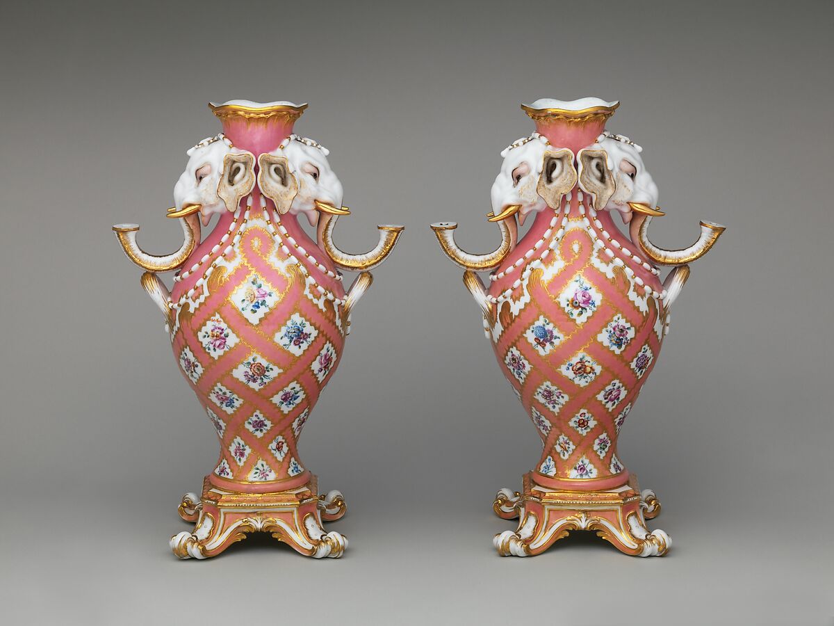 Vase (vase à tête d'éléphant) (one of a pair), Jean-Claude Duplessis (French, ca. 1695–1774, active 1748–74), Soft-paste porcelain decorated in polychrome enamels, gold, French, Sèvres