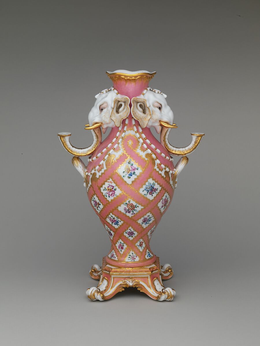 Vase (vase à tête d'éléphant) (one of a pair), Jean-Claude Duplessis  French, Soft-paste porcelain decorated in polychrome enamels, gold, French, Sèvres