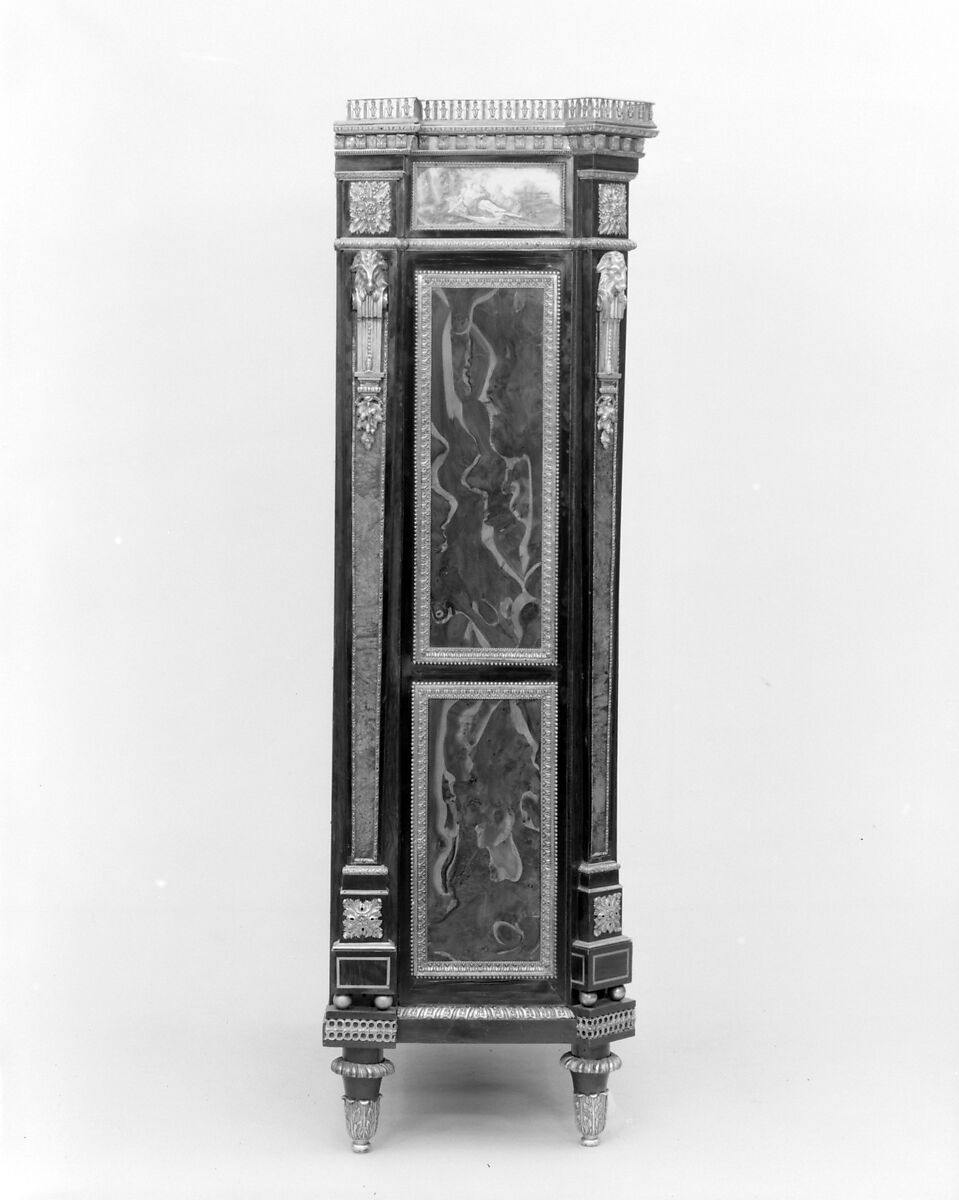 Upright secretary, Philippe Pasquier (master 1760; died 1783), Oak, burl yew-wood, black-stained wood, amboyna, harewood, satin-wood, tulipwood, satiné, holly, purple-wood, gilt bronze, marble, sketches on paper, French, Paris