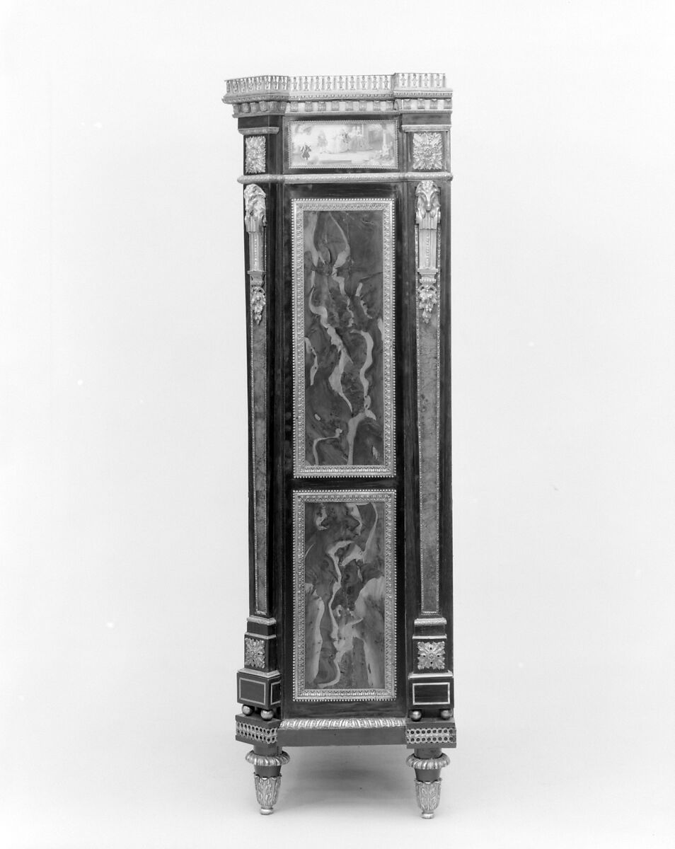 Upright secretary, Philippe Pasquier (master 1760; died 1783), Oak, burl yew-wood, black-stained wood, amboyna, harewood, satin-wood, tulipwood, satiné, holly, purple-wood, gilt bronze, marble, sketches on paper, French, Paris