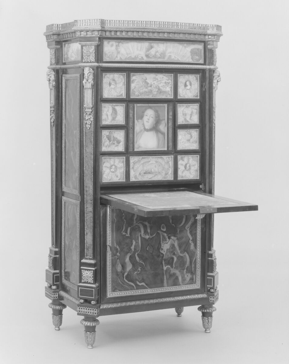 Upright secretary, Philippe Pasquier (master 1760; died 1783), Oak, burl yew-wood, black-stained wood, amboyna, harewood, satin-wood, tulipwood, satiné, holly, purple-wood, gilt bronze, marble, sketches on paper, French, Paris