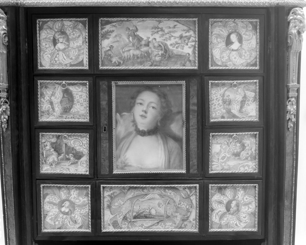 Upright secretary, Philippe Pasquier (master 1760; died 1783), Oak, burl yew-wood, black-stained wood, amboyna, harewood, satin-wood, tulipwood, satiné, holly, purple-wood, gilt bronze, marble, sketches on paper, French, Paris