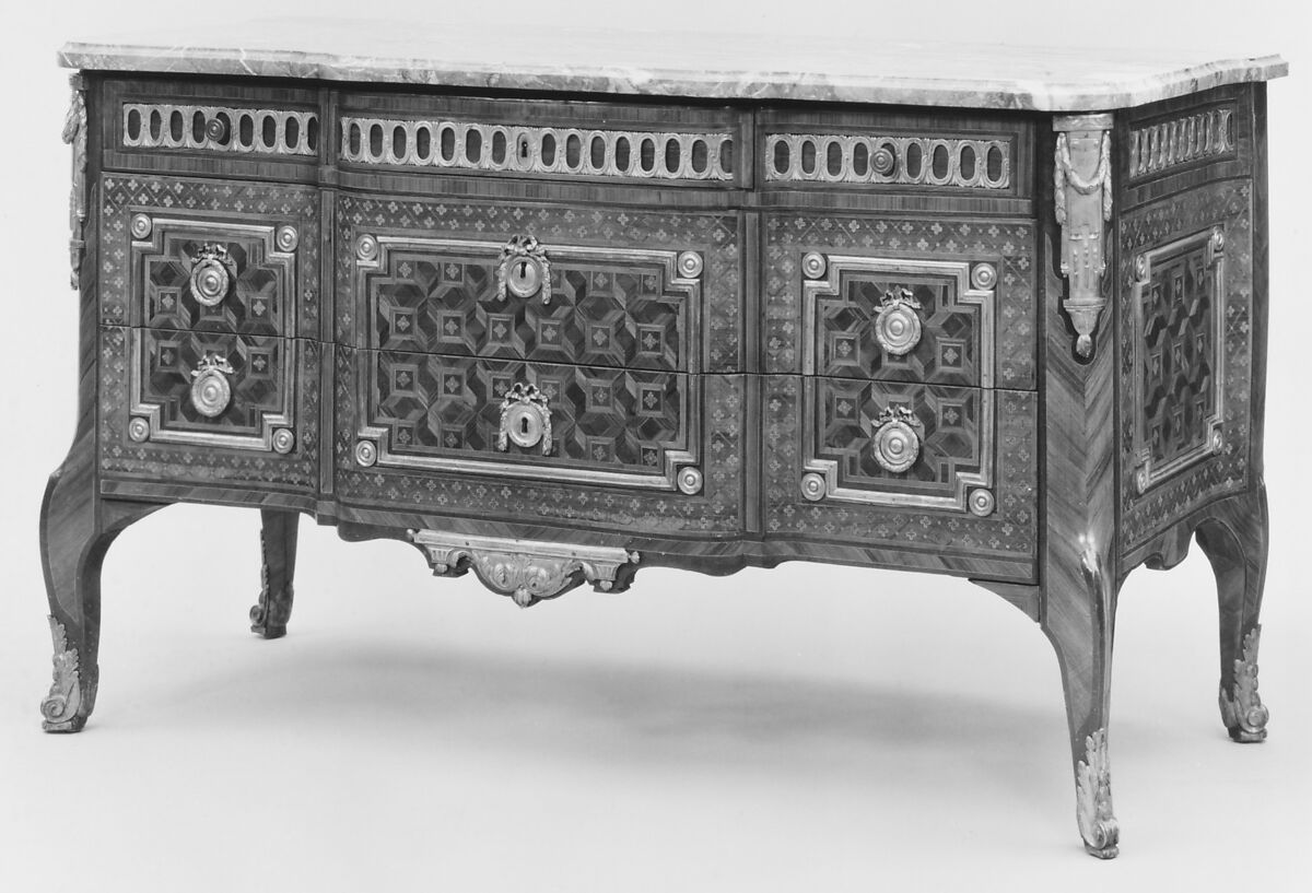 Commode, Possibly by Louis Moreau (master 1764, died 1791), Oak, tulipwood, satin-wood, holly, satiné, gilt-bronze, marble, French, Paris