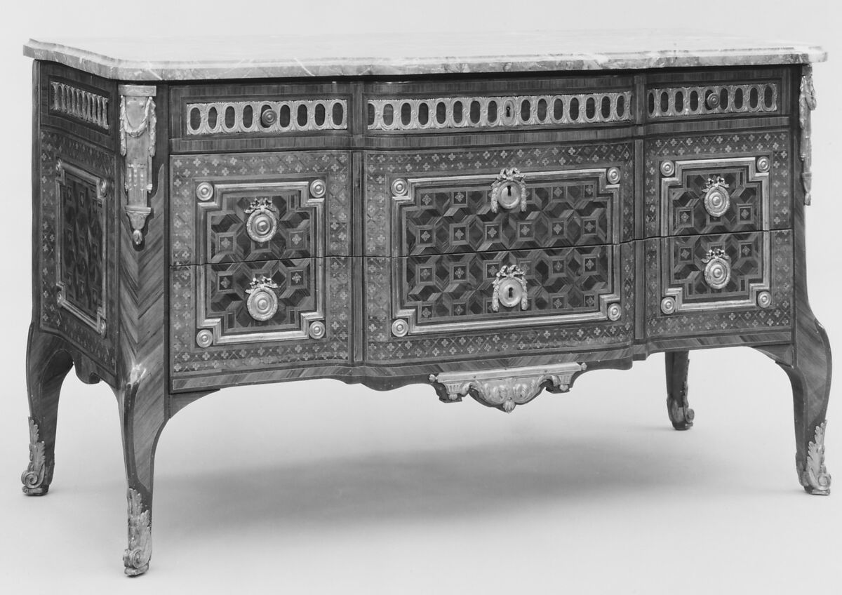Commode, Possibly by Louis Moreau (master 1764, died 1791), Oak, tulipwood, satin-wood, holly, satiné, gilt-bronze, marble, French, Paris