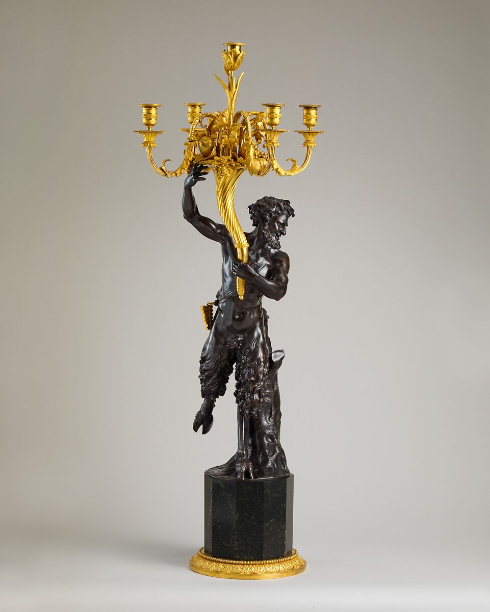 Five-light candelabrum (one of a pair), Derived from a model by Clodion (Claude Michel) (French, Nancy 1738–1814 Paris), Gilt and patinated bronze, serpentine marble, French 