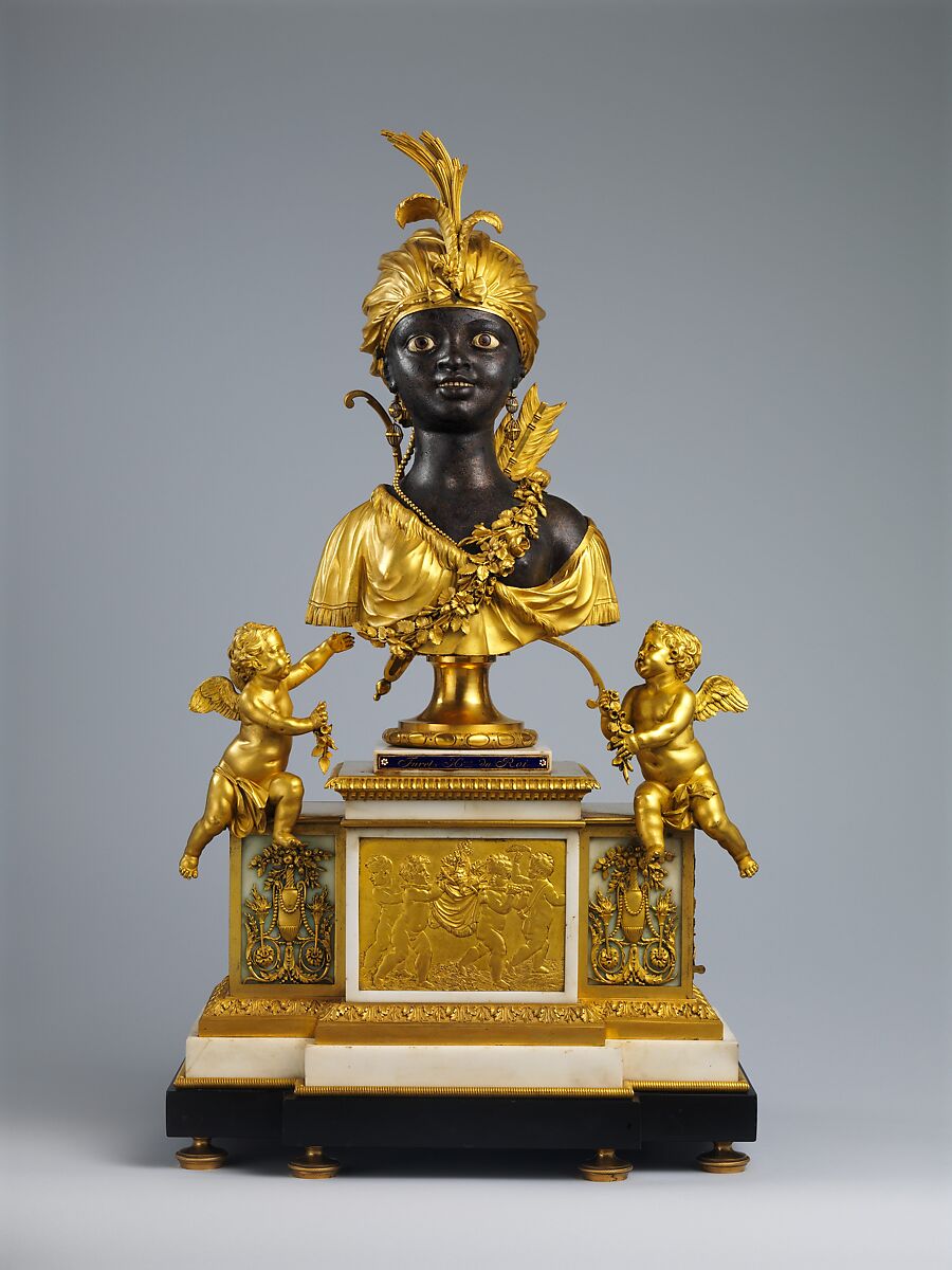 Mantel clock with musical movement, Clockmaker: Jean-Baptiste-André Furet (French, ca. 1720–1807), Case: gilded and lacquered bronze and marble; Movement (in bust): brass and steel with enameled hour and minute chapter rings; Miniature organ with pipes and bellows (in base): brass, steel, and leather, French, Paris 