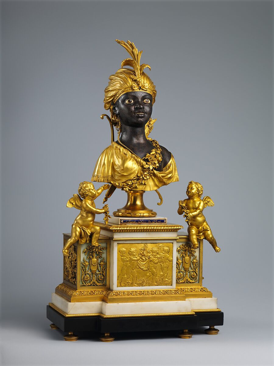 Mantel clock with musical movement, Clockmaker: Jean-Baptiste-André Furet (French, ca. 1720–1807), Case: gilded and lacquered bronze and marble; Movement (in bust): brass and steel with enameled hour and minute chapter rings (in head); Miniature organ with pipes and bellows (in base): brass, steel, and leather, French, Paris