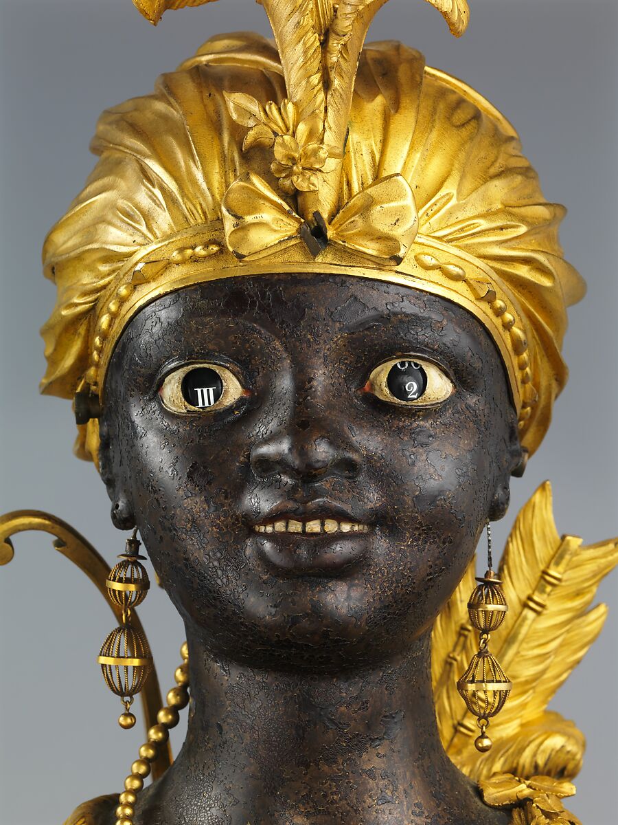 Mantel clock with musical movement, Clockmaker: Jean-Baptiste-André Furet (French, ca. 1720–1807), Case: gilded and lacquered bronze and marble; Movement (in bust): brass and steel with enameled hour and minute chapter rings (in head); Miniature organ with pipes and bellows (in base): brass, steel, and leather, French, Paris