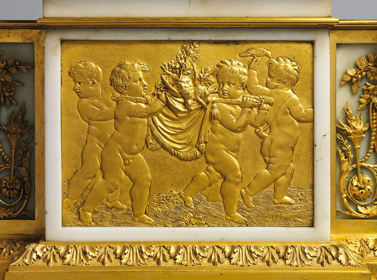 Mantel clock with musical movement, Clockmaker: Jean-Baptiste-André Furet (French, ca. 1720–1807), Case: gilded and lacquered bronze and marble; Movement (in bust): brass and steel with enameled hour and minute chapter rings (in head); Miniature organ with pipes and bellows (in base): brass, steel, and leather, French, Paris